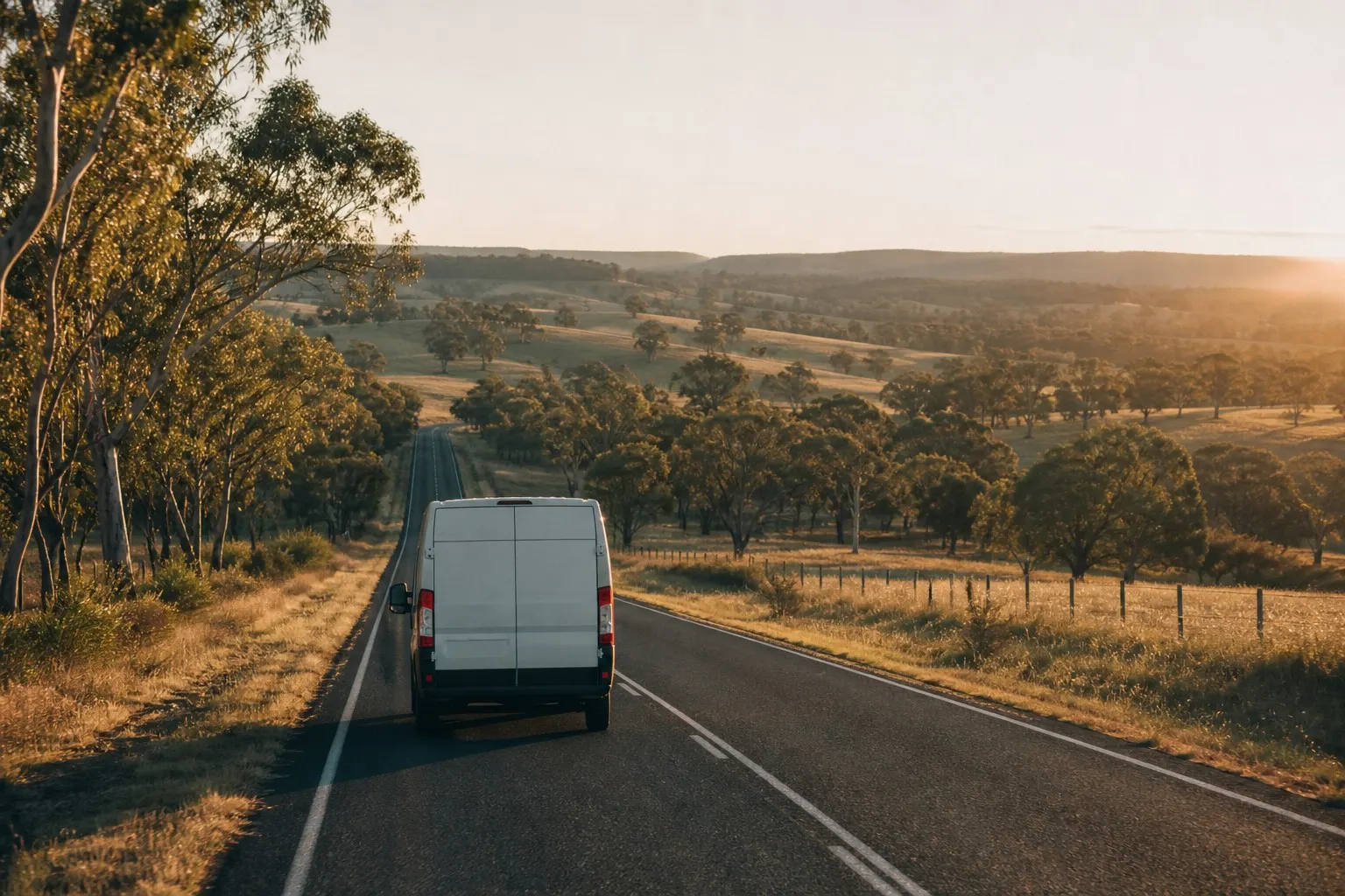 A courier van on a long rural Australian highway at golden hour